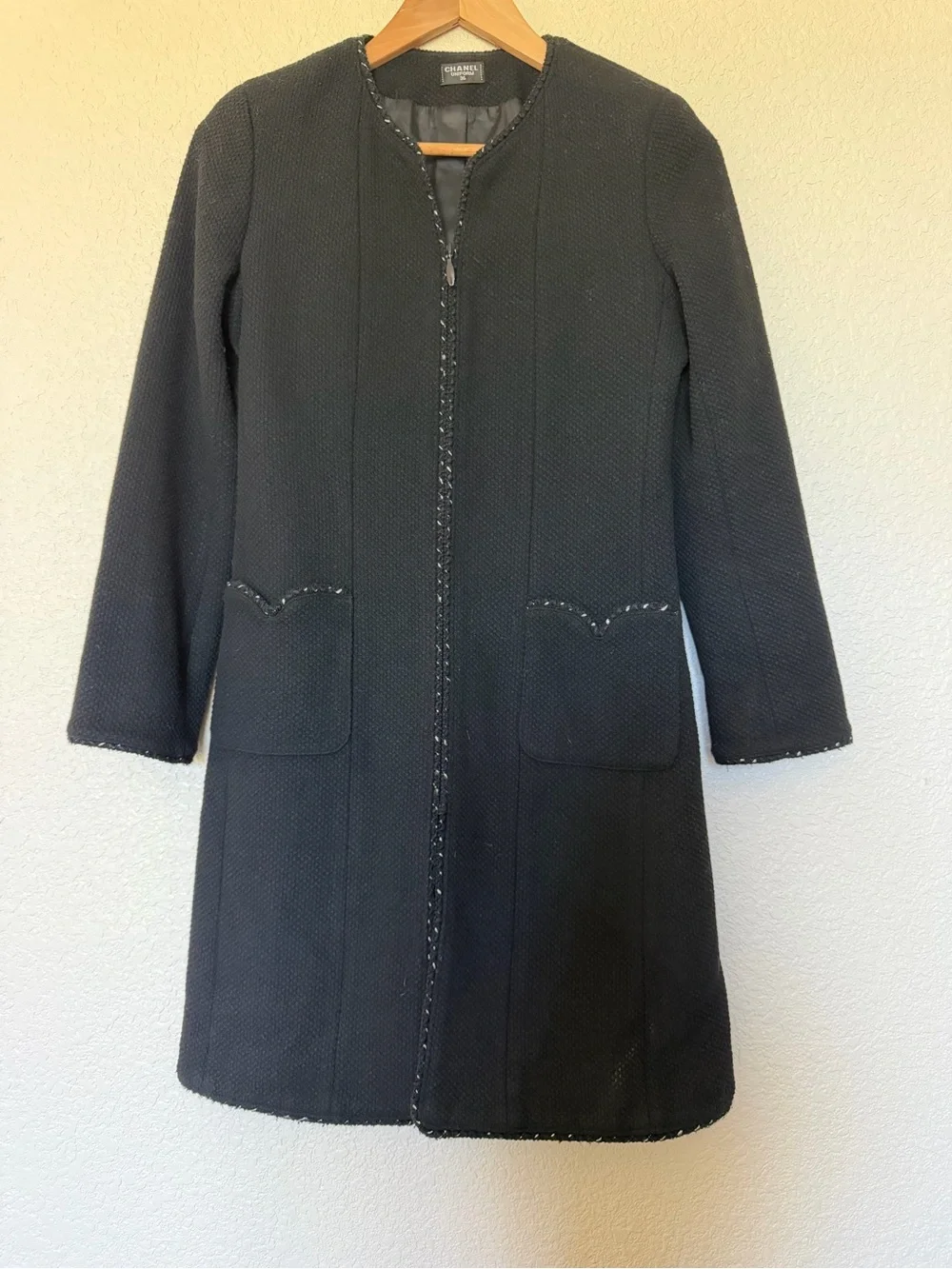 CHANEL Black Tweed Long Collarless Coat
